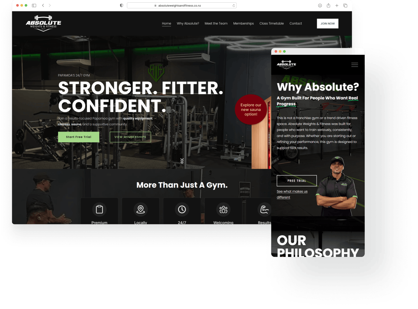 Absolute Weights & Fitness website redesign mockup